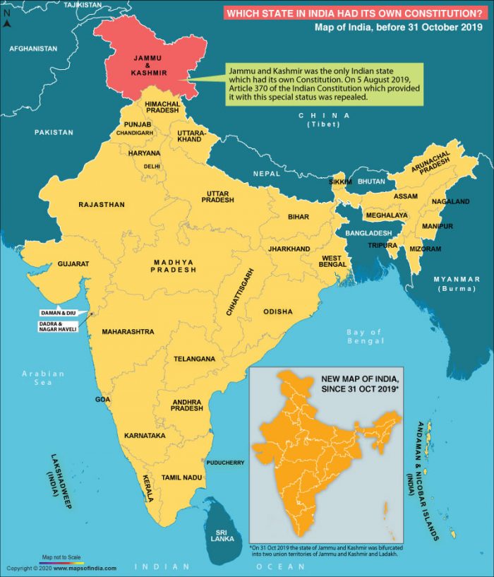 Map of India Showing State/UT Which had Its Own Constitution Answers