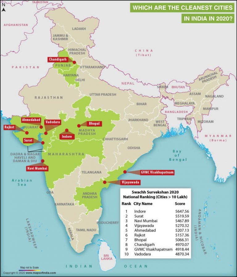 Map of India Highlighting the Cleanest Cities in 2020