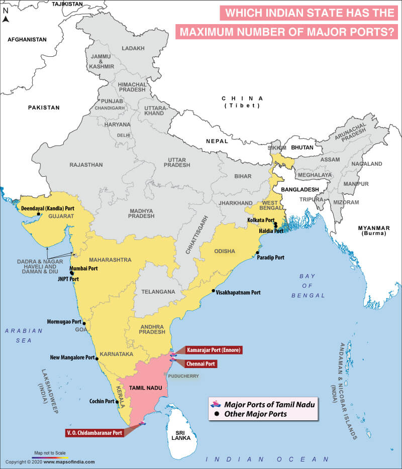 Map of India Highlighting State with the Maximum Number of Major Ports