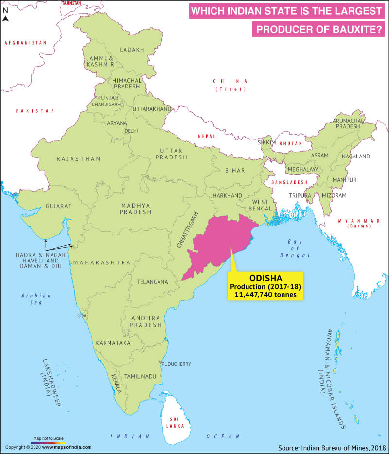 Map of India Highlighting the Largest Bauxite Producing State