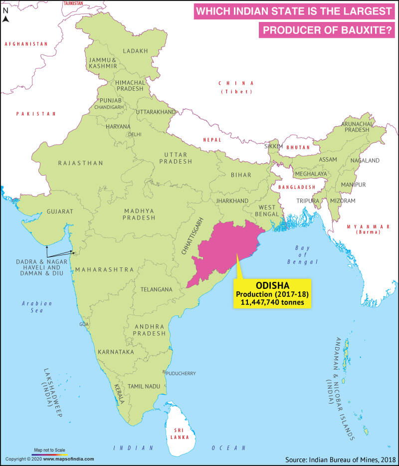 Map of India Showing the Largest Bauxite Producing State Map of India Highlighting the Largest Bauxite Producing State