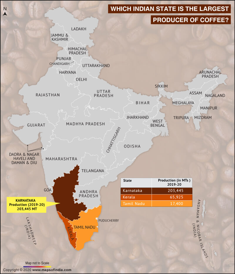 Map of India Highlighting the Largest Coffee Producing State