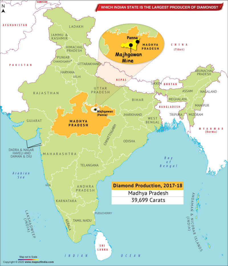 Map of India Showing Location of the State Which is the Largest Producer of Diamonds