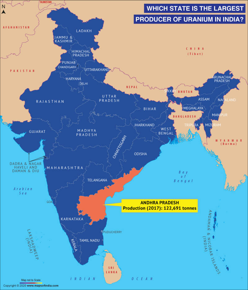 Map of India Highlighting the Largest Uranium Producing State