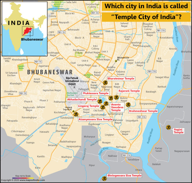 Map of Bhubaneswar Showing Location of Famous Temples in the City
