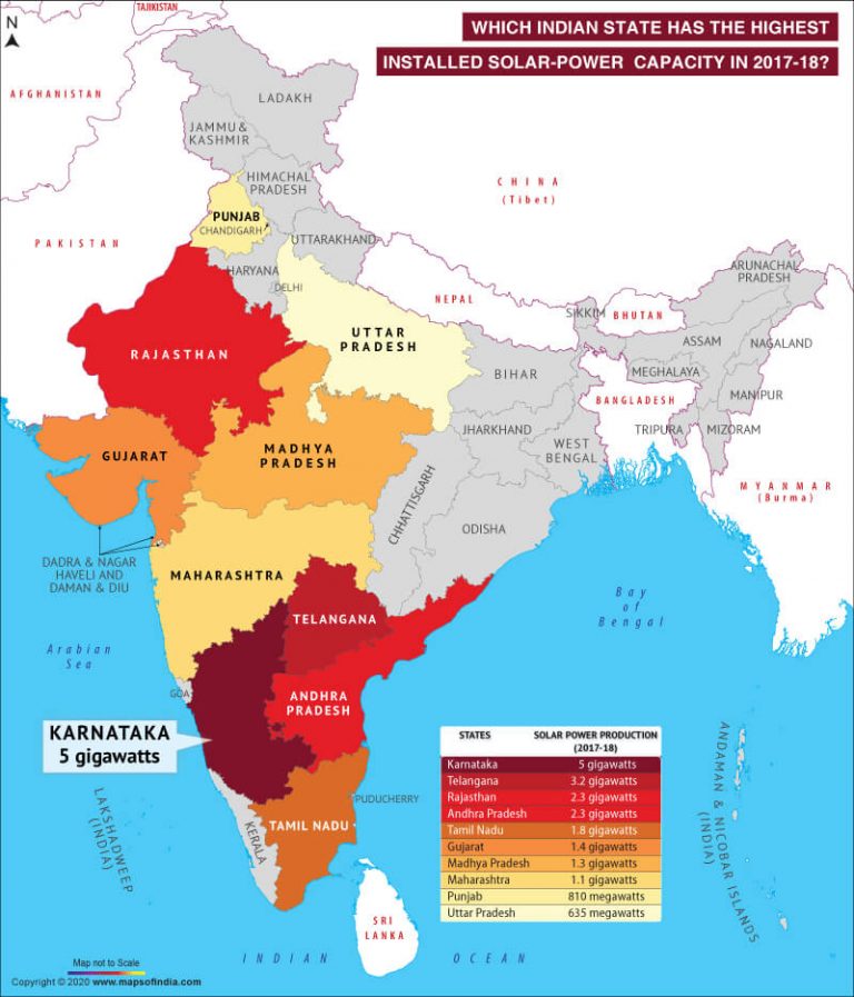 Map of India Highlighting States having the Highest Installed Solar-Power Capacity in 2017-18