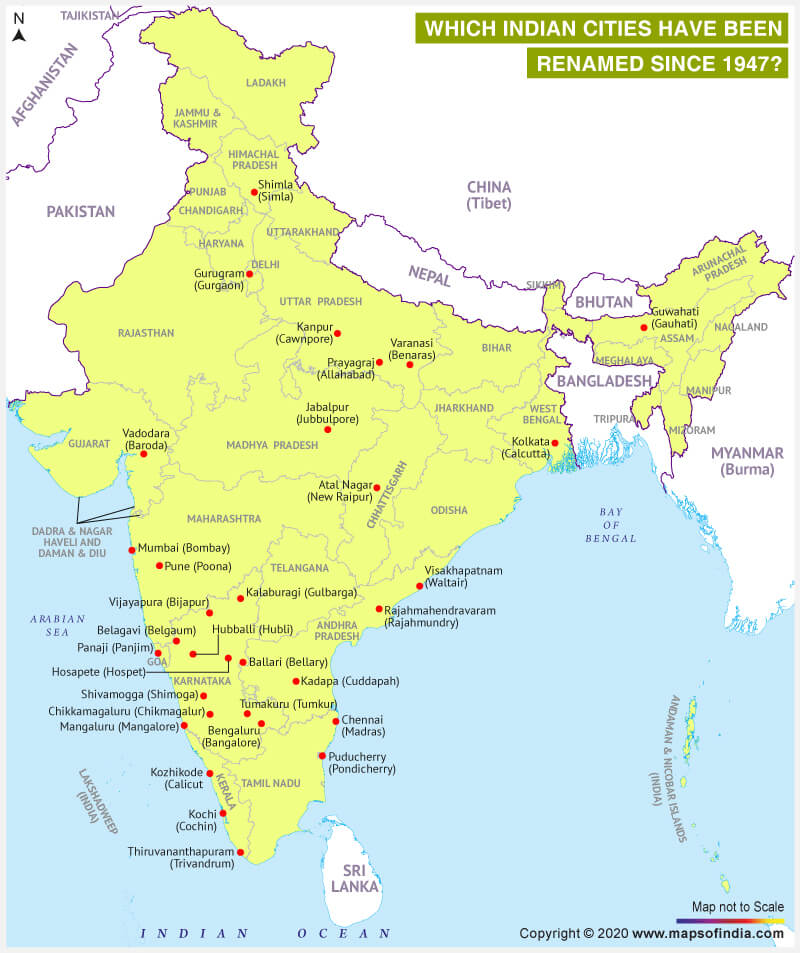 Map of India Highlighting Cities which have been Renamed Since 1947