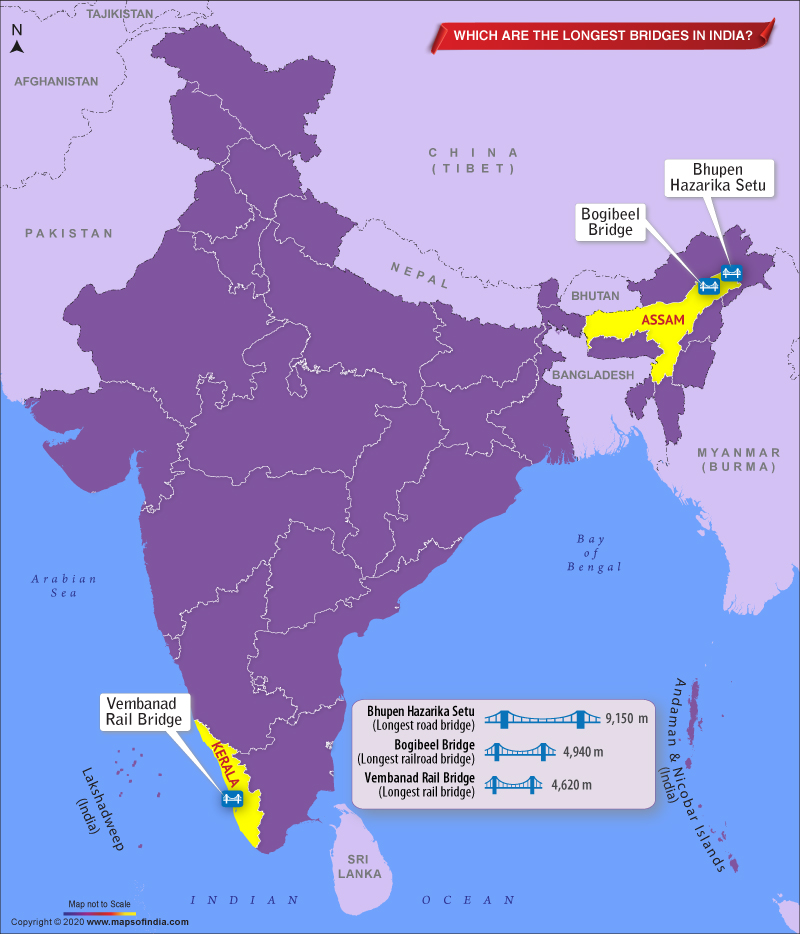 Map Showing Longest Bridges in India