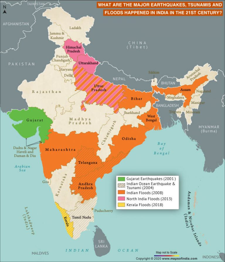 Map Highlighting Location of Natural Disasters in India in the 21st Century