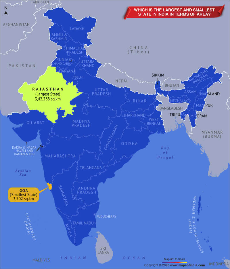 Map Showing the Largest and Smallest States in India in Terms of Area
