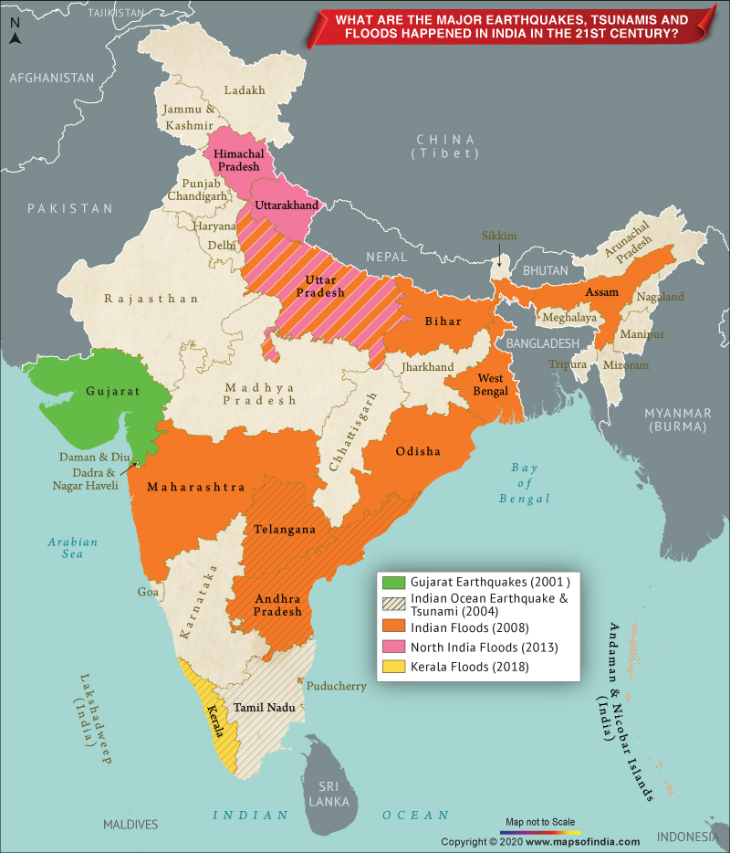 Map Highlighting Location of Natural Disasters in India in the 21st Century