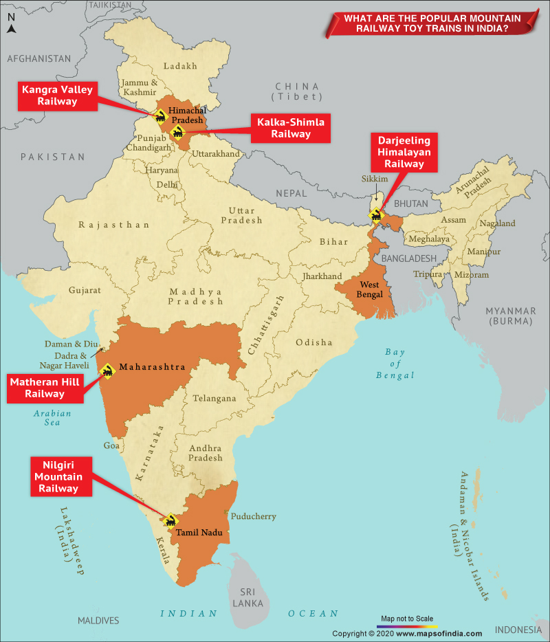 Map Highlighting Popular Mountain Railway Toy Trains in India