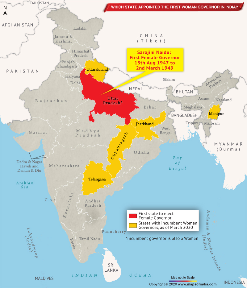 Map of India Showing State which Elected First Woman as Governor