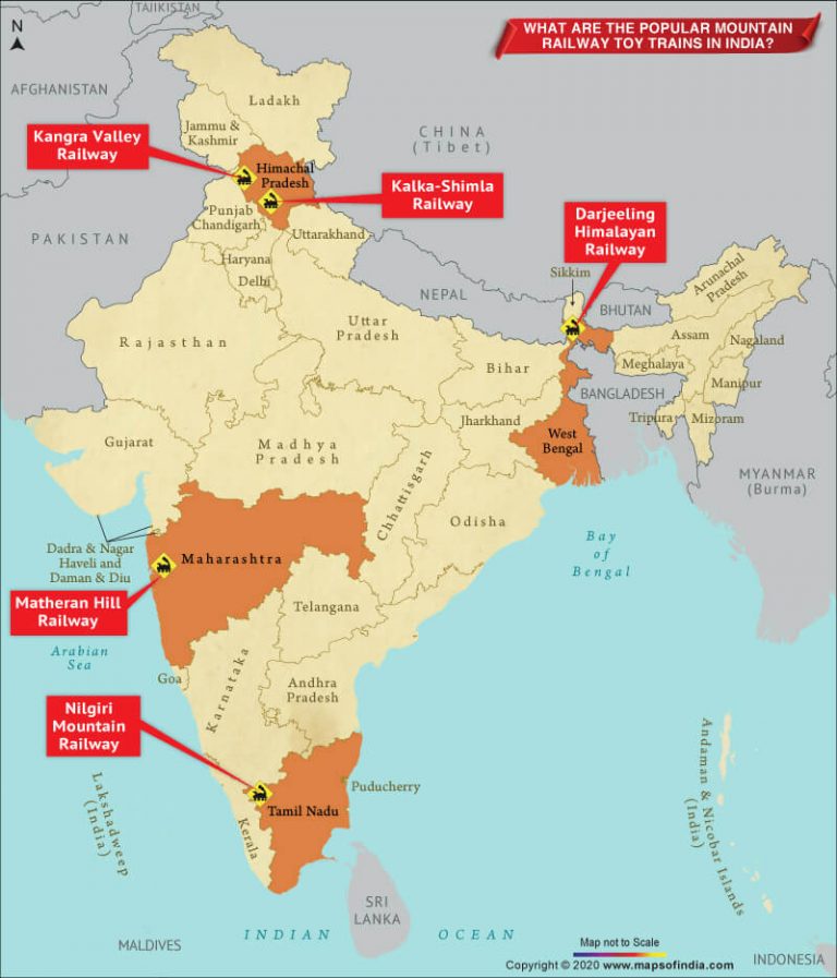 Map Showing Popular Mountain Railway Toy Trains in India