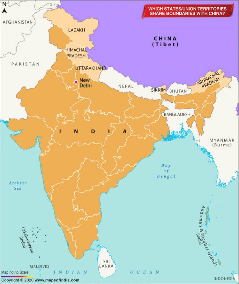 Map of India Showing States and Union Territories which Share Boundaries with China