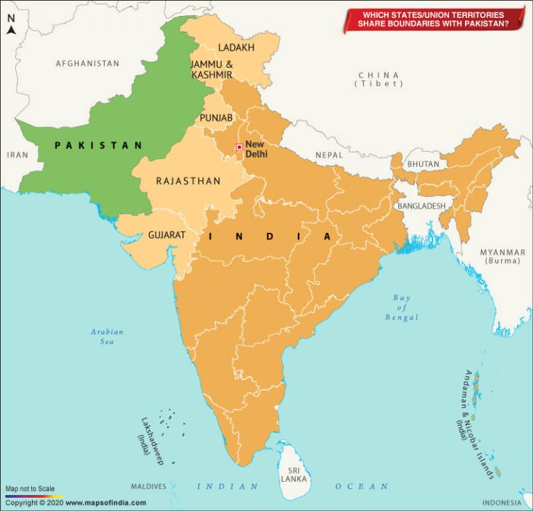 Map of India Showing States and Union Territory which Share Boundary with Pakistan