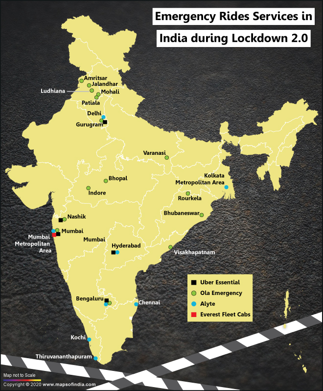 Map of India Showing Location of Emergency Rides Services During Lockdown 2.0