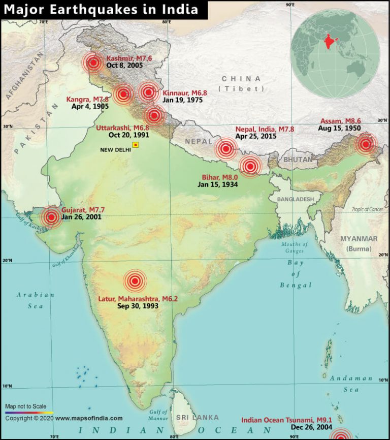 Map of India Showing Location of Major Earthquakes that Hit the Country