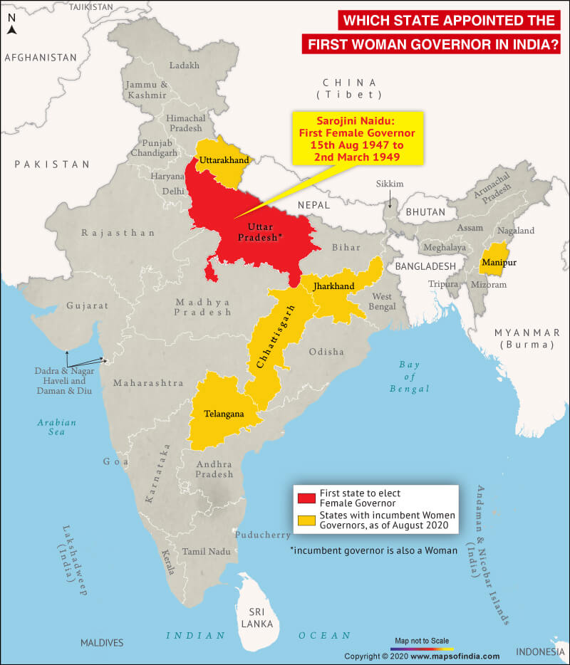 Map of India Highlighting State which Elected the First Woman as Governor