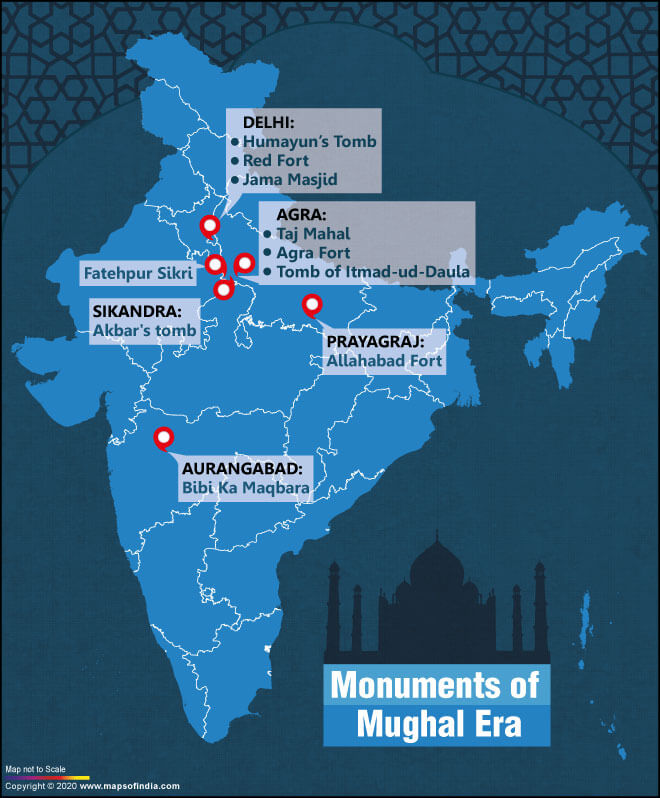 Map of India Showing Location of The Prominent Monuments of The Mughal Empire