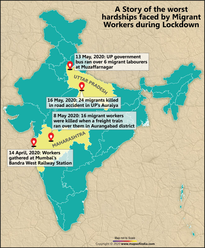 Map of India Sh0owing Location where Migrant Workers Faced Hardships During Lockdown