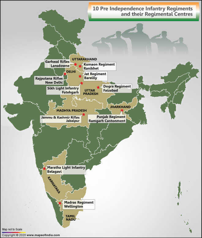 Map of India Showing Location of Pre-independence Infantry-Regiments and their Regimental Centres Map of India Showing Location of Pre-independence Infantry-Regiments and their Regimental Centres