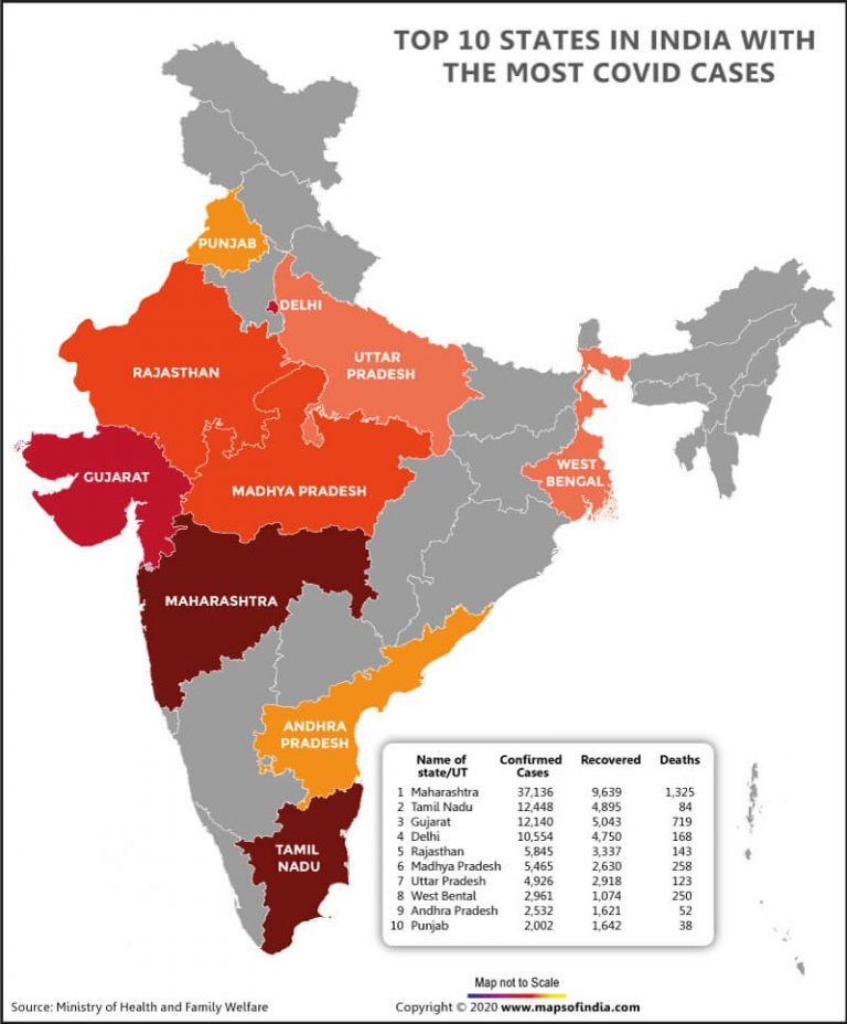 Map of India Showing Top 10 Most Affected States Amid COVID-19 Pandemic
