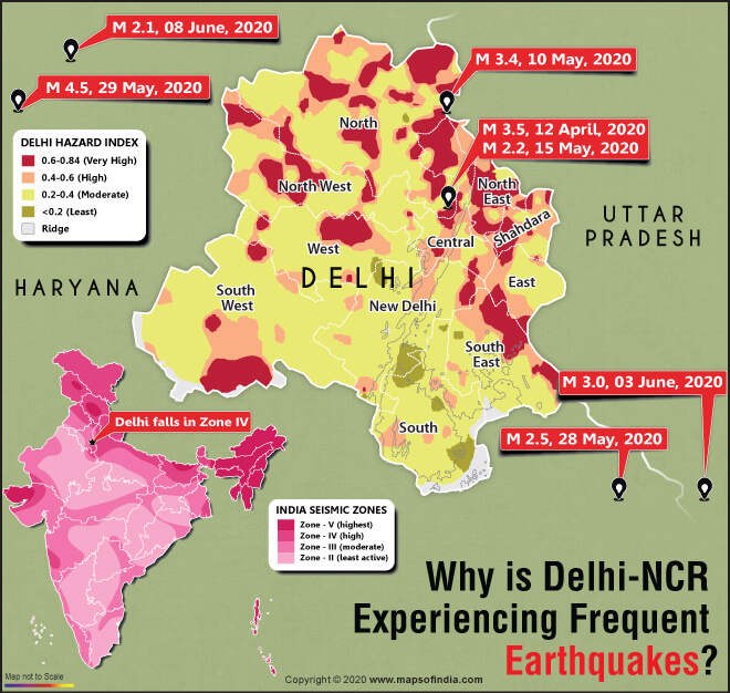 Map of Delhi Showing Hazard Index of Recent Earthquakes