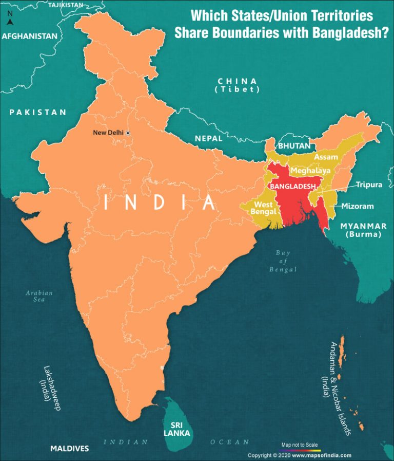 Map of India Showing States which Share Boundaries with Bangladesh