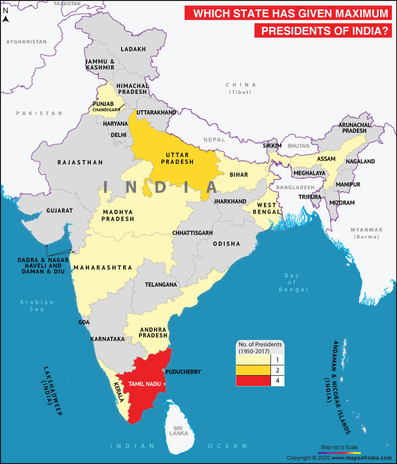 Map of India Highlighting State which has given Maximum Presidents
