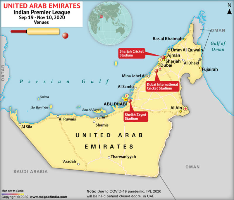 Map of UAE Highlighting Location of the Venues of IPL 2020