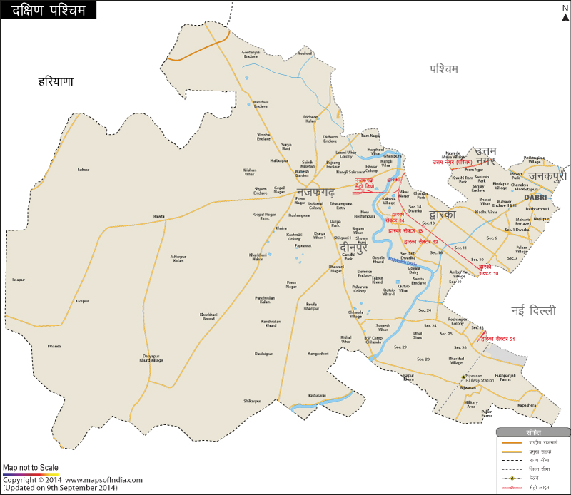 दक्षिण पश्चिम दिल्ली जिले का नक्शा