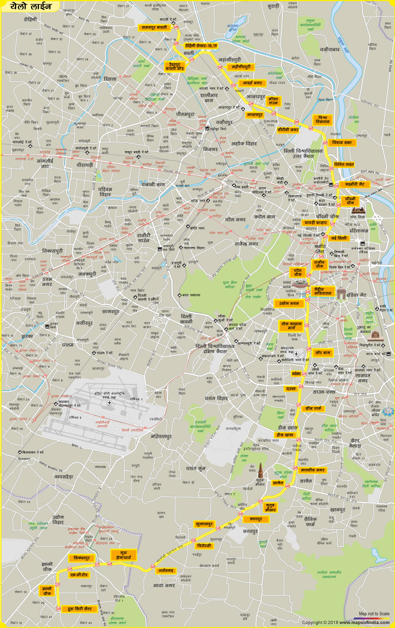 दिल्ली येलो लाइन मेट्रो स्टेशनों का नक्शा