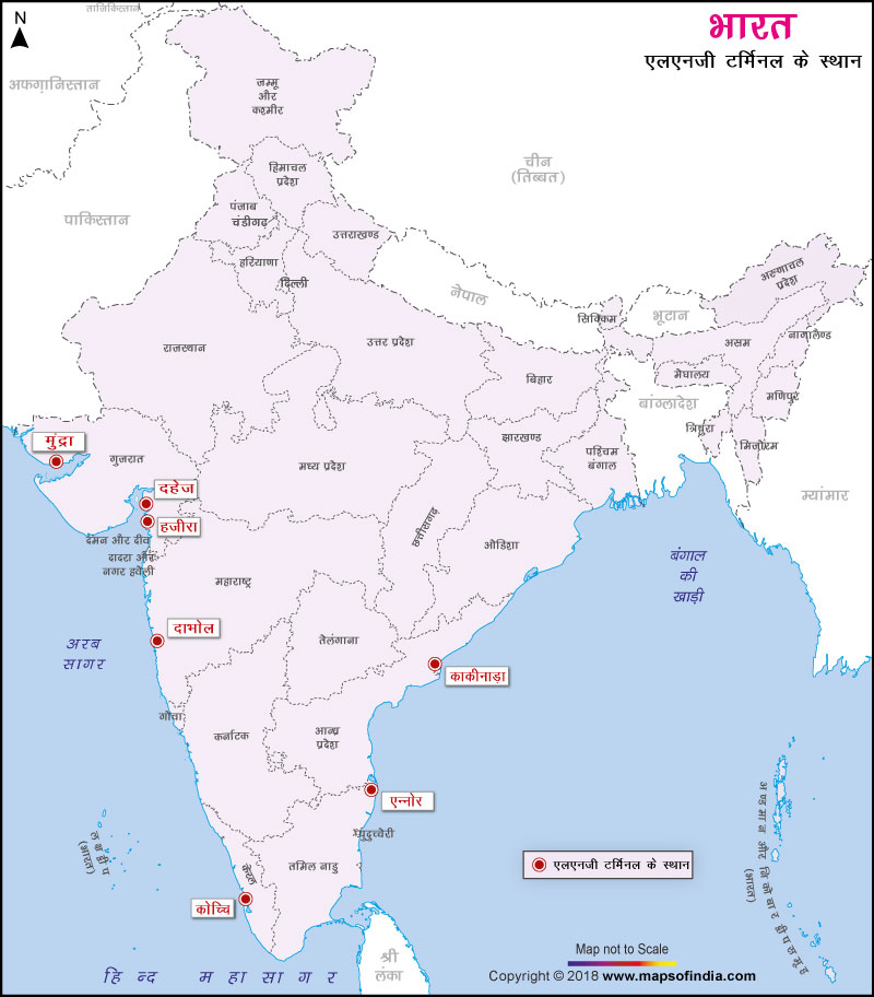 भारत में एलएनजी टर्मिनल स्थानों का नक्शा