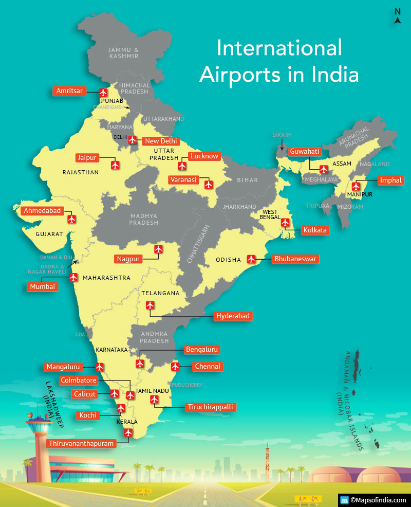 भारत में अंतर्राष्ट्रीय हवाई अड्डों का मानचित्र
