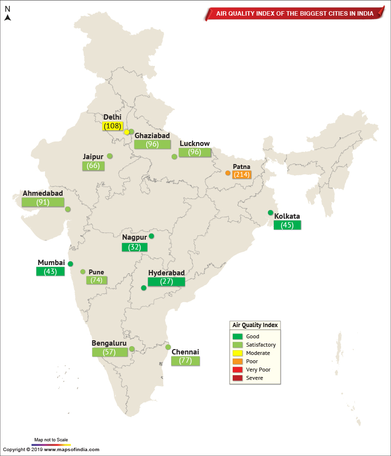 Map Showing Air Quality Index of The Important Cities in India as on Sep 01, 2019 Live Blog