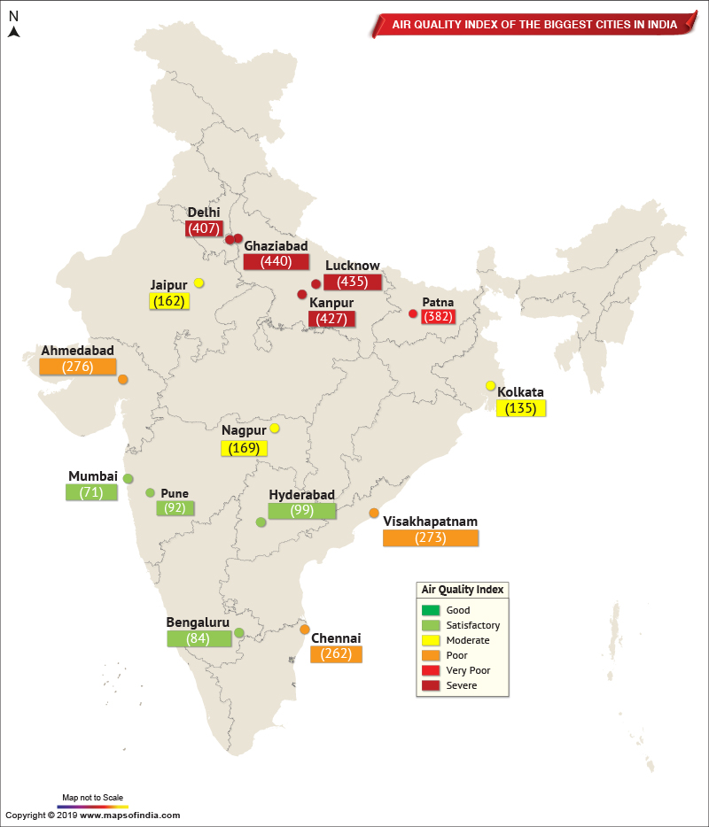 Map Showing Air Quality Index of The Important Cities in India as on Nov 04, 2019 Live Blog
