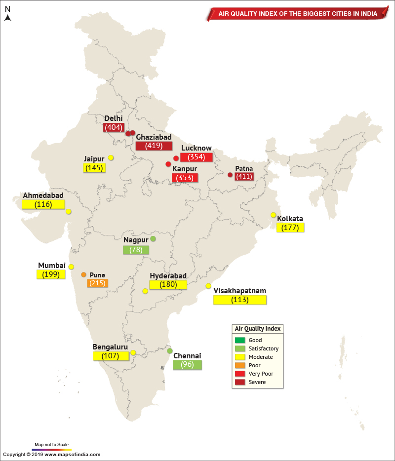 Map Showing Air Quality Index of The Important Cities in India as on Dec 06, 2019 Live Blog