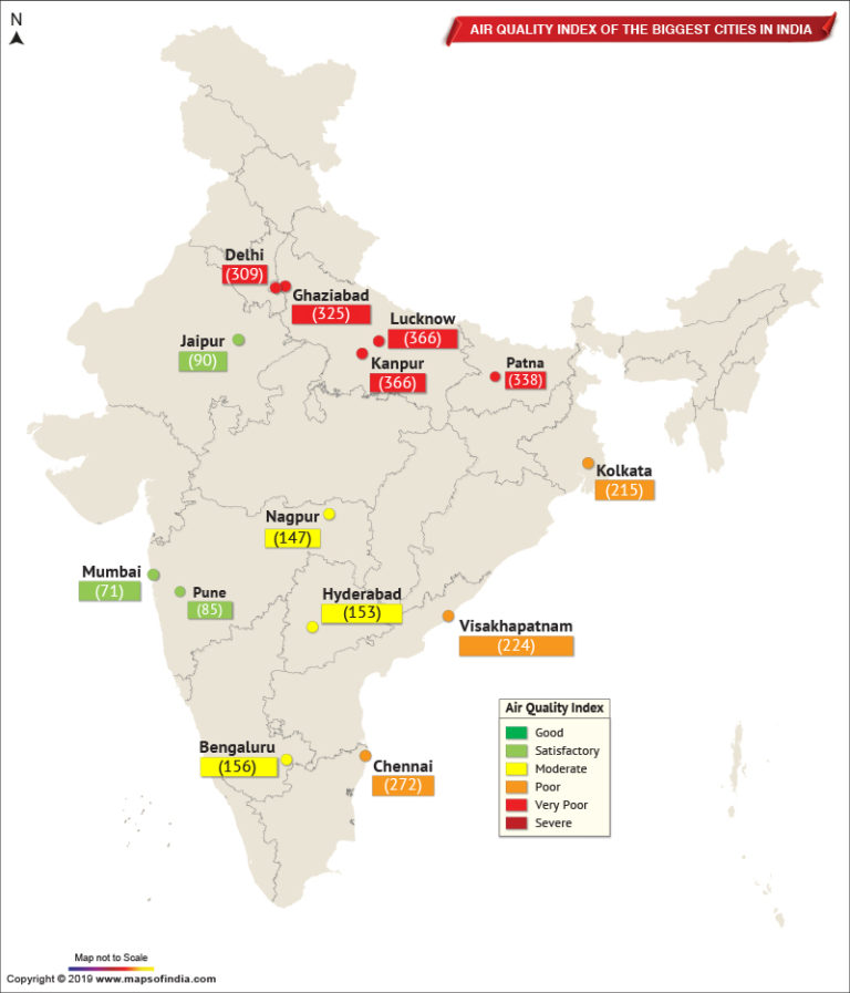 Map Showing Air Quality Index of The Important Cities in India as on Nov 07, 2019 Live Blog