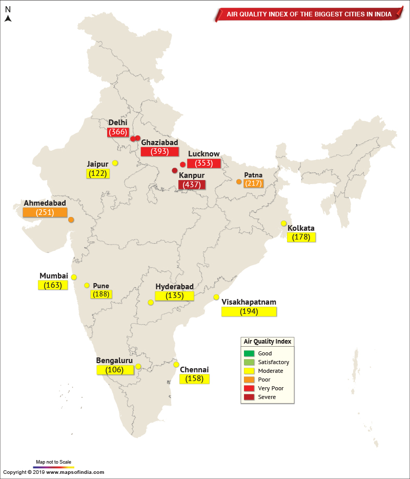 Map Showing Air Quality Index of The Important Cities in India as on Jan 13, 2020 Live Blog