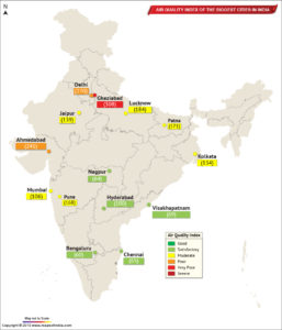 Map Showing Air Quality Index of The Important Cities in India as on Oct 15, 2019
