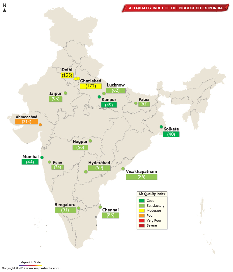 Map Showing Air Quality Index of The Important Cities in India as on Sep 17, 2019 Live Blog