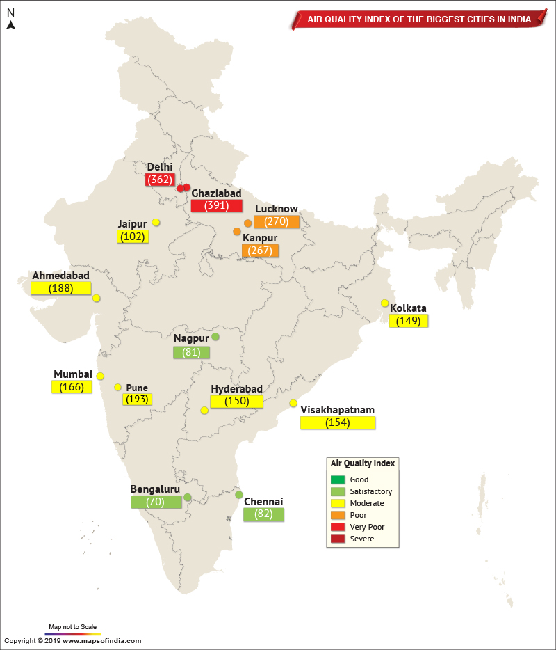 Map Showing Air Quality Index of The Important Cities in India as on Dec 19, 2019 Live Blog
