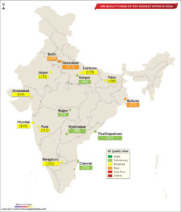 Map Showing Air Quality Index of The Important Cities in India as on Feb 25, 2020