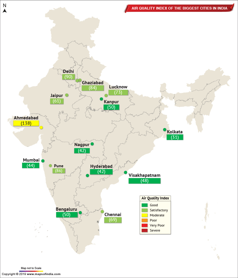 Map Showing Air Quality Index of The Important Cities in India as on Sep 25, 2019 Live Blog