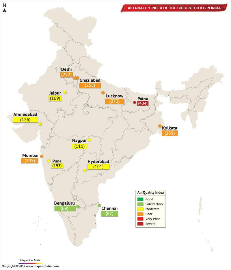 Map Showing Air Quality Index of The Important Cities in India as on Nov 25, 2019 Live Blog