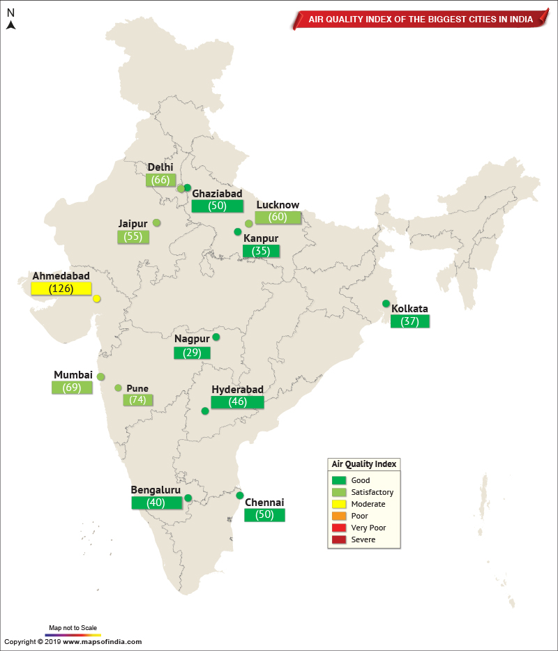 Map Showing Air Quality Index of The Important Cities in India as on Aug 26, 2019 Live Blog