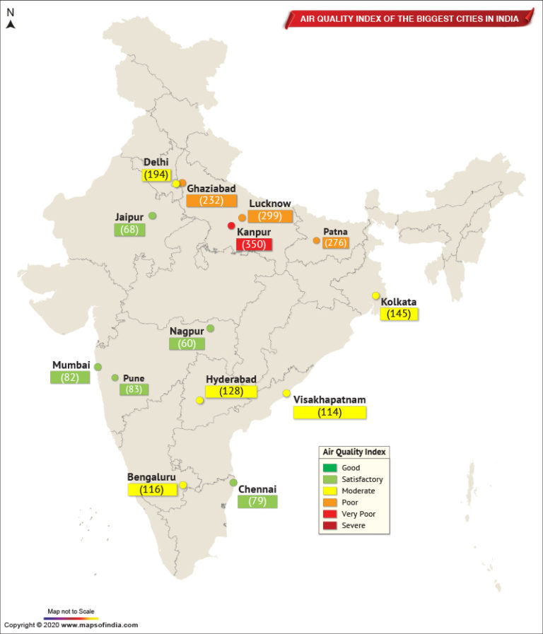 Map Showing Air Quality Index of The Important Cities in India as on Jan 29, 2020 Live Blog