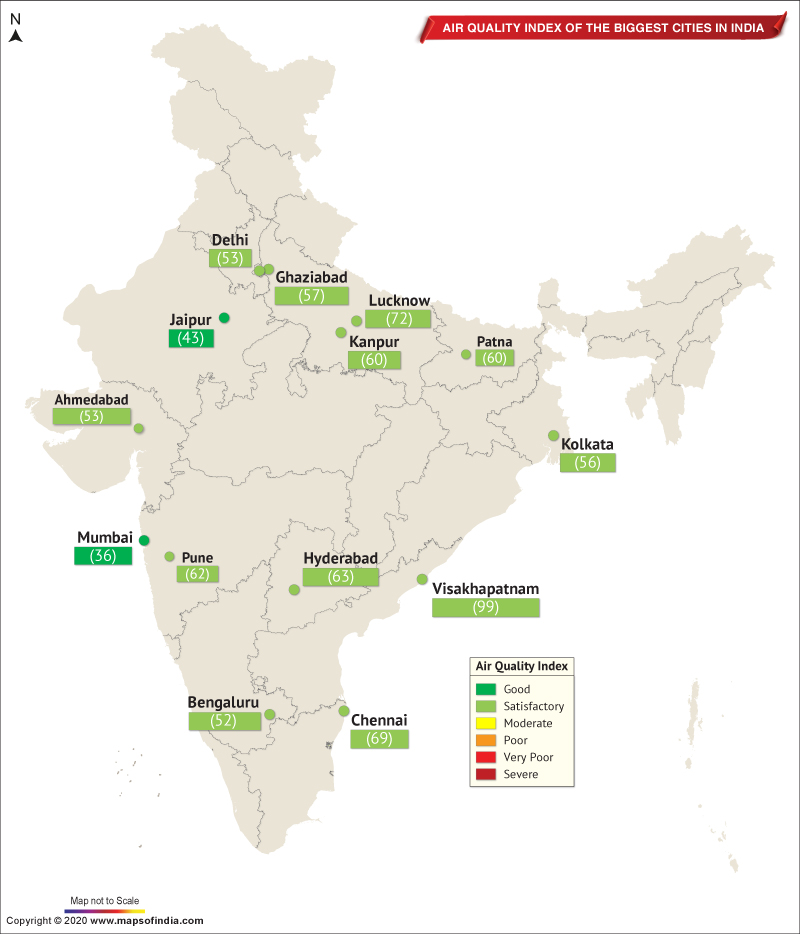 Map Showing Air Quality Index of The Important Cities in India as on September 01, 2020 Live