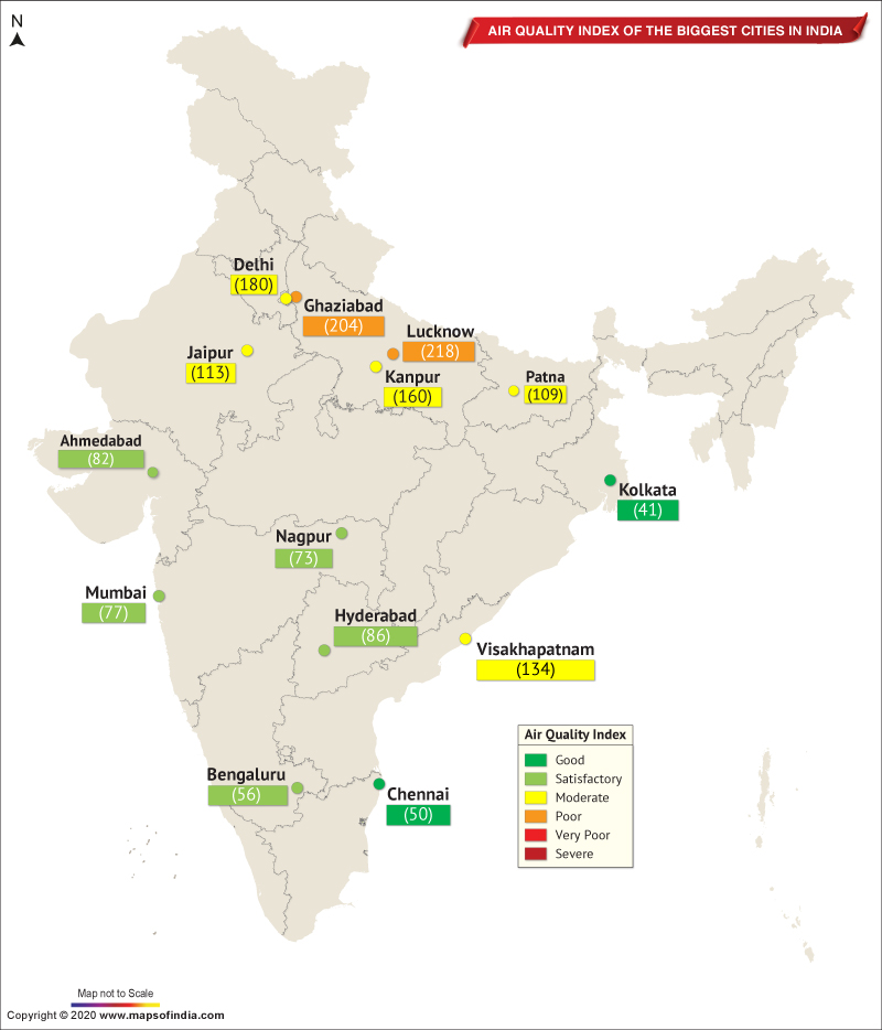 Map of India Depicting Air Quality Index of the Important Cities in India as on October 02, 2020